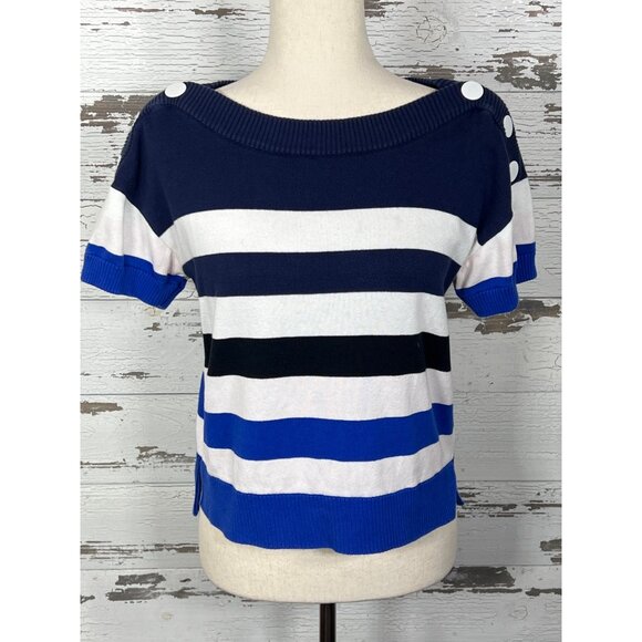 CABI Sailor Stripe Pullover Sweater Snap Shoulders Sz XS #5448 EUC - Picture 2 of 4